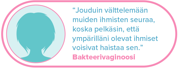 ”Jouduin välttelemään muiden ihmisten seuraa, koska pelkäsin, että ympärilläni olevat ihmiset voisivat haistaa sen.” Bakteerivaginoosi.