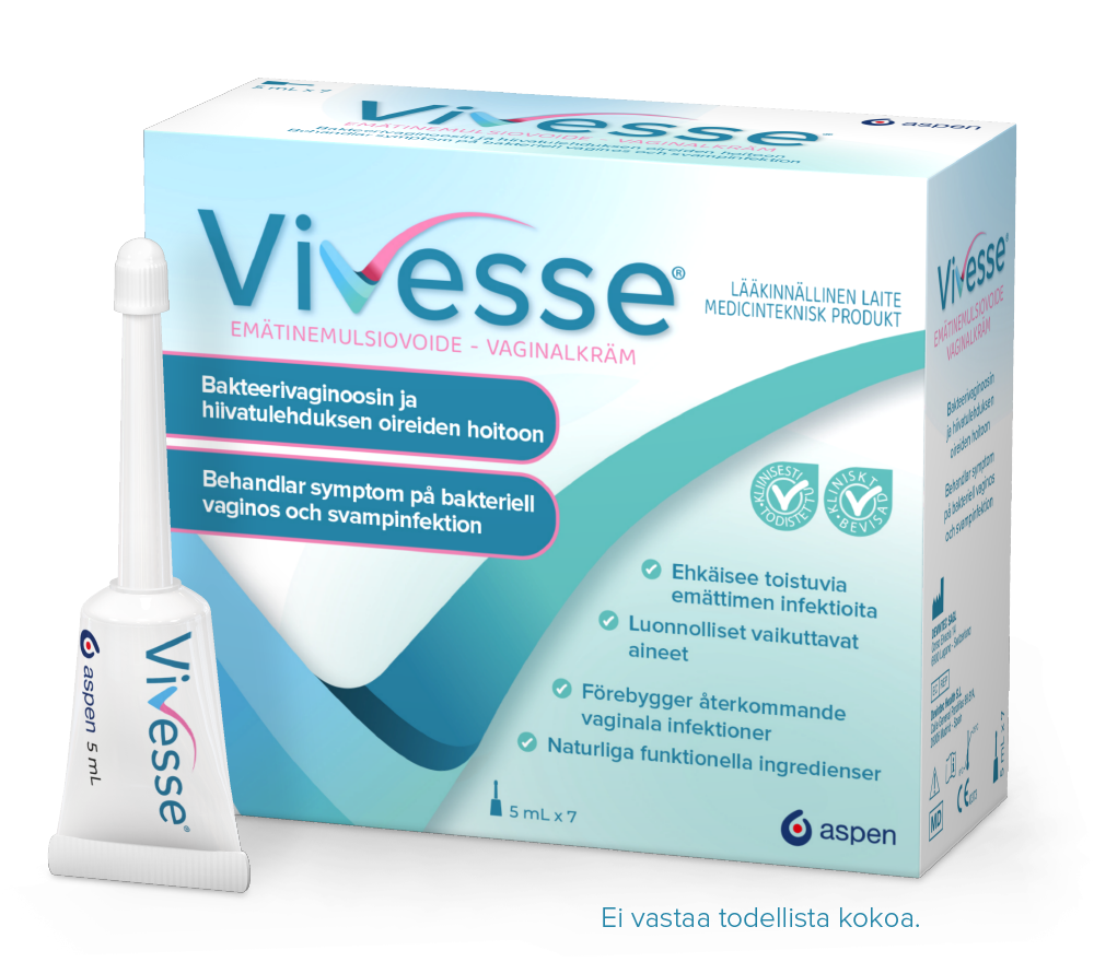 Vivesse emätinvoide - Hoitaa bakteerivaginoosin ja emättimen hiivatulehduksen oireita.
