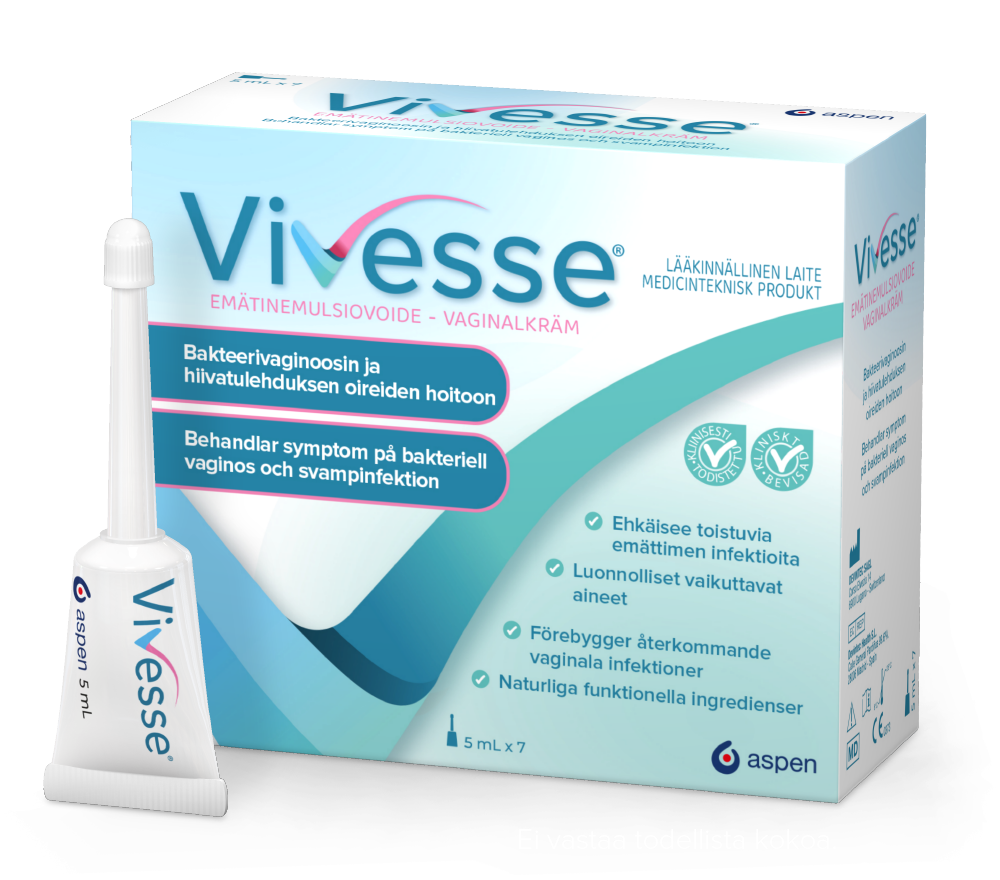 Vivesse emätinvoide - Hoitaa bakteerivaginoosin ja emättimen hiivatulehduksen oireita.
